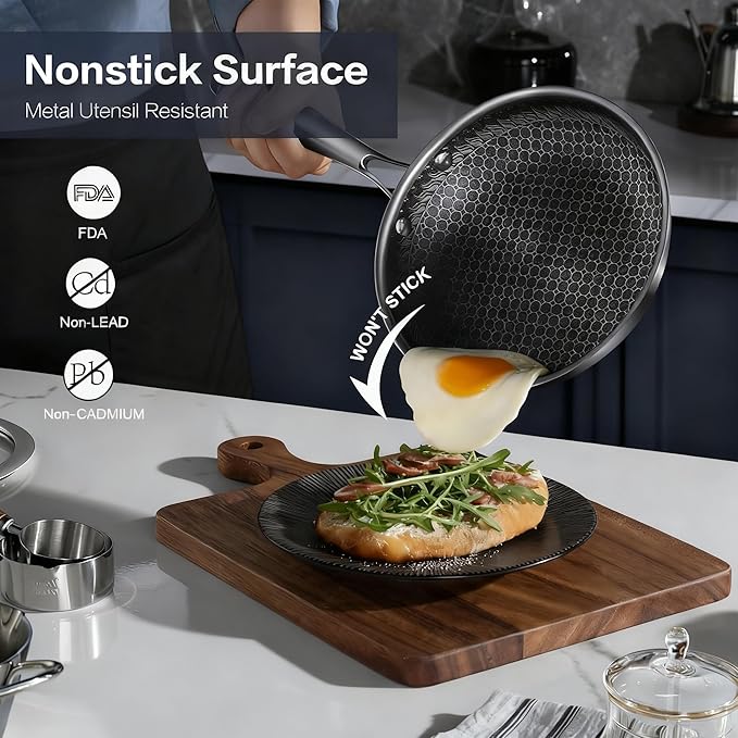 Non Stick Frying Pan Set, 8, 10 and 12-Inch Hybrid Non Toxic Fry Pan Skillet with Lids, Dishwasher and Oven Safe, Induction Ready, Silver Kitchen Cookware set (8-Piece Set)