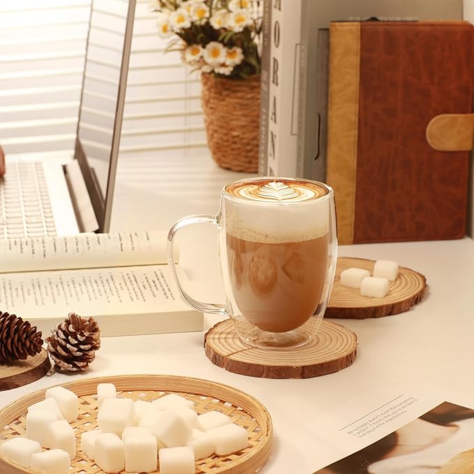 CNGLASS 6 Pack Double Walled Glass Coffee Mugs，12oz Clear Coffee Cups with Handle，Insulated Glass Espresso Mugs for Latte,Cappuccino,Tea