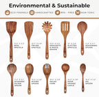 Wooden Spoons for Cooking – 10 Pc Teak Wood Utensil Set, Durable, Nonstick Safe & Heat Resistant with Ergonomic Handles - Unique Kitchen Gifts for Women Men, Cooking Gifts for Men Women