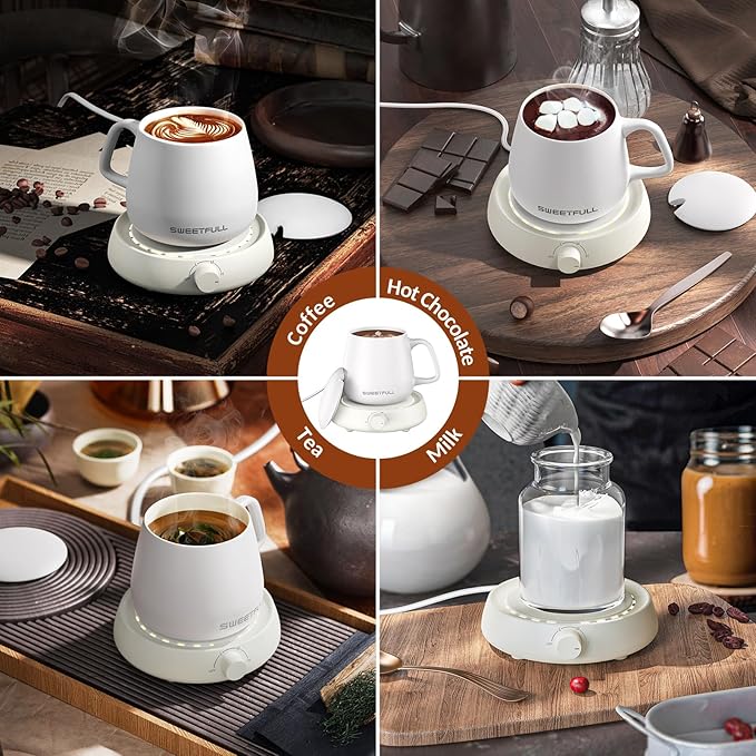 SWEETFULL Mug Warmer for Coffee and Tea Coffee Mug Warmer Set W/Mug and Lid Coffee Warmer As Coffee Gifts for Desk Office Coffee Lovers. （20W Cup Warmer Candle Warmer Auto Shut Off）