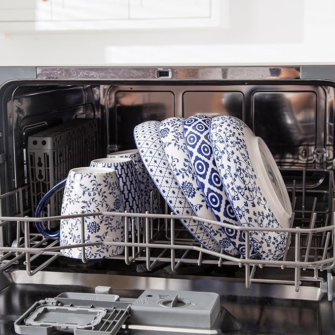 Ceramic Pasta Bowls Set - 32 OZ Porcelain Serving Soup Cereal Bowls 8.5 inch Wide and Shallow Salad Dinner Bowls - Microwave Dishwasher Oven Safe - Set of 4 - Vintage Blue