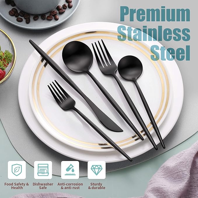 Lemeya Matte Black Silverware Set for 4,Modern Stainless Steel Brushed Cutlery Set,20-Pieces Heavy Duty Flatware Set,Knives Spoons and Forks Set Utensils Set, Satin Finish, Dishwasher Safe