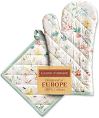 Maison d' Hermine 100% Cotton Oven Mitt & Pot Holder Set (7.5"x13" & 8"x8") Heat Resistant BBQ Cooking Gloves with Loop, Baking, Grilling, Kitchen, Handling Hot Pans Spring/Summer (Colmar)