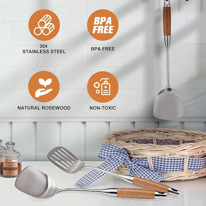 304 Stainless Steel Kitchen Utensils Set with Wooden Handle, 2 Pcs Heat Resistant Metal Cooking Utensils Set,Spatula