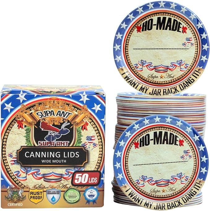 Supa Ant Thickest Canning Lids Wide Mouth (50 Pcs.) Food Grade Tin Can Lids for Canned Food - Buckle Proof & Rust Proof Lid for Canning Kit for Wide Mouth Mason Jars (Ho-made) Canning Supplies