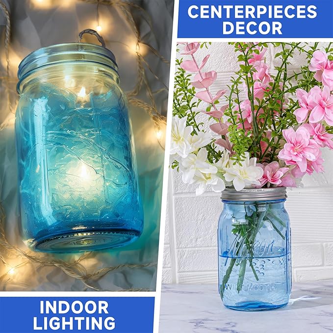 WELLIFE Wide Mouth Mason Jars,4 Pack Blue Mason Jars 32 OZ,Mason Jar for Decor Canning & DIY Crafts,Food Storage,Fermenting,Pickling,Meal Prep