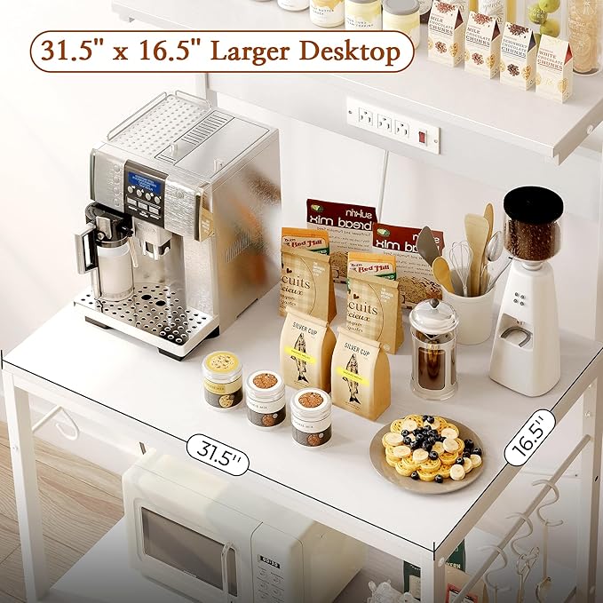SUPERJARE Bakers Rack with Power Outlets, Microwave Stand, 31.5 X 16.5 Inch Larger Desktop, Kitchen Storage Rack with Adjustable Middle Shelf, 6 S-Shaped Hooks, Coffee Bar Stand, White
