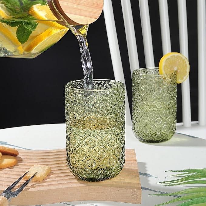 Joeyan Vintage Green Drinking Glasses,Embossed Floral Highball Glass Water Tumbler,14 oz Colored Beverages Juice Cocktail Beer Wine Glassware Cups,Set of 4,Dishwasher Safe