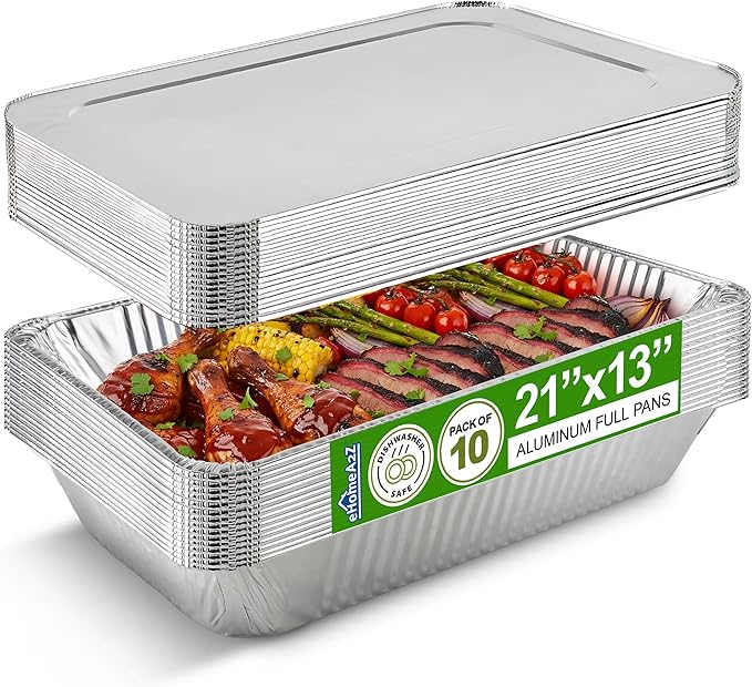 EHOMEA2Z Large Aluminum Pans With Lids Disposable Full Heavy Duty Roasting, Broiling, Baking, Catering Pans 21x13x3 (10, Full-Size w/Lids)
