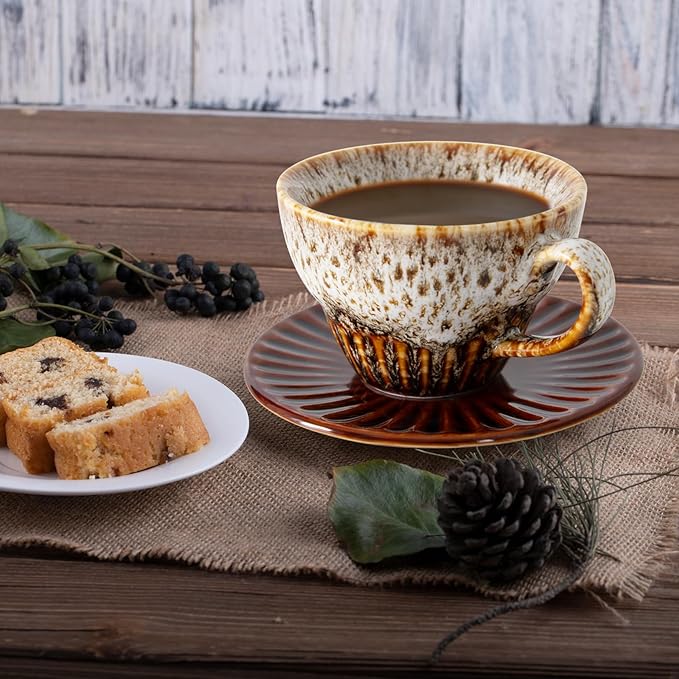 4 oz Espresso Cups Set of 2, Ceramic Cappuccino Cups with Saucers, Durable Porcelain Tea Set & Modern Coffee Cup Collection, Coffee Lover Gifts, Glazed White