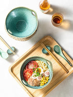 HENXFEN LEAD Japanese Ramen Noodle Bowl Set of 2-30 Oz Large Porcelain Salad Bowls with Chopsticks, Soup Spoons and Rests, Kitchen Serving Dishes for Pho, Udon