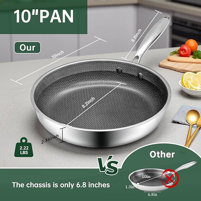 Nonstick 10 Inch Frying Pan, Hybrid Frying Pans Nonstick Stainless Steel Skillets Skillet with Stay-Cool Handle, Dishwasher & Oven Safe, PFOA Free Cookware Compatible with All Cooktops