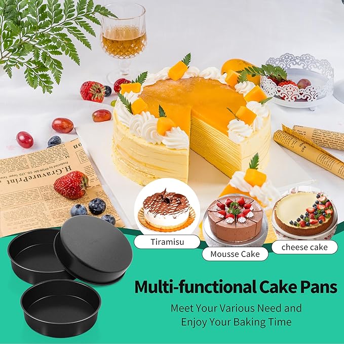 P&P CHEF 8 Inch Cake Pan Set of 3, Non-Stick Round Cake Pans Tins for Tier Smash Cakes, Baking Pans Set & Essential Bakeware, Stainless Steel Core & Leak-Proof