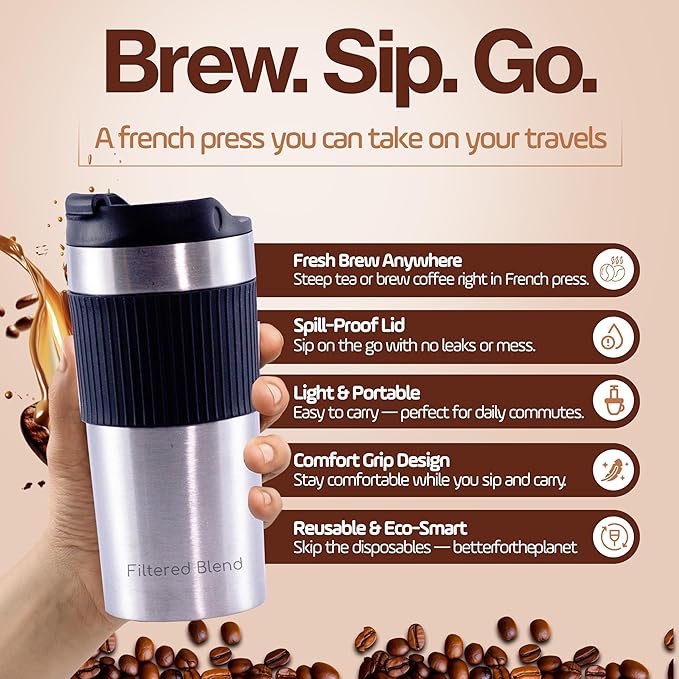 15oz Double Wall Stainless Steel Insulated French Press Coffee and Tea Maker - Portable Camping Tea, Coffee Mug and Tumbler (White)