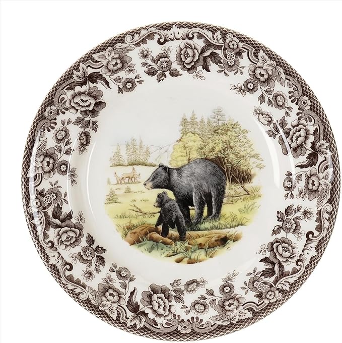 Spode Woodland Wildlife Black Bear 8" Porcelain Salad Plate - Rustic Holiday Dinnerware, Decorative Dish for Salad, Dessert & Appetizers, Dishwasher, Microwave, Freezer, Oven Safe - Made in England