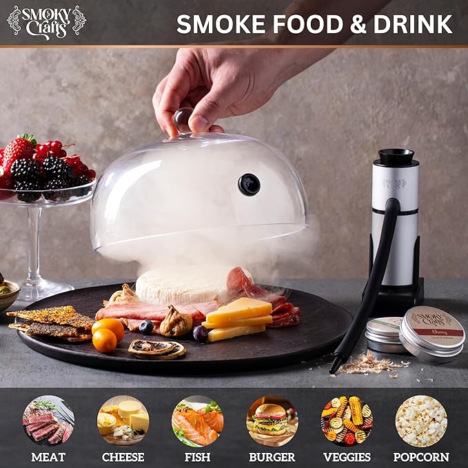 Food and Drink Smoker Kit with Smoke Gun, 8" Smoking Cloche Glass Dome, Acacia Cocktail Smoke Top and Wood Chips (Apple & Cherry) - Whiskey Smoker Kit - Gifts for Men