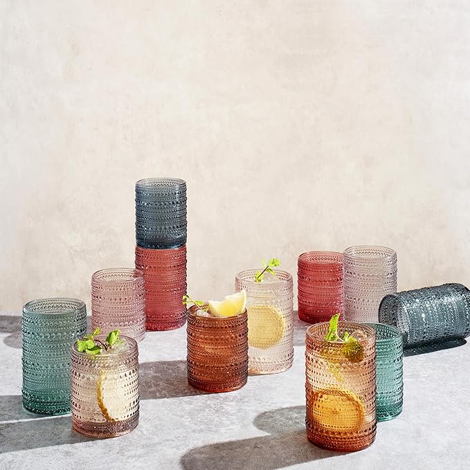 Khen Hobnail Beaded Highball Drinking Tumbler Glasses | Set of 12 | Color, Vintage Bubble Design Whiskey Glassware, Old-Fashioned, Embossed Design for Water, Wine, Cocktail Embossed, Rocks Glass