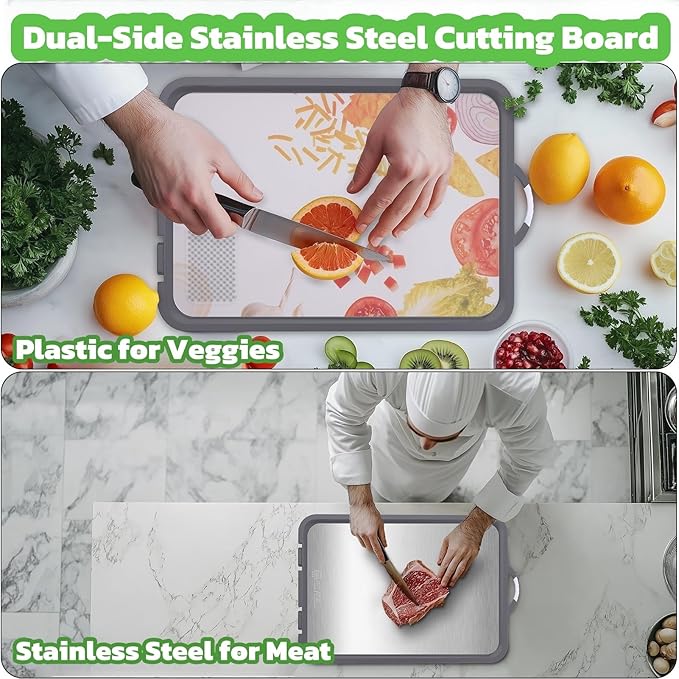 Titanium Cutting Board for Kitchen Large Cutting Boards Double-Sided Cutting Boards with Handle and Stand Stainless Steel Cutting Board and PP Chopping Board for Cutting Meats &Vegetables