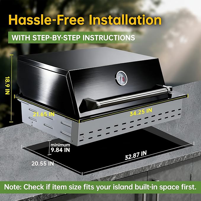 34-Inch Premium Built-In Liquid Propane Griddle for Outdoor Kitchen, 3-Burner Heavy Duty Stainless Steel Flat Top Grill with Lid, 48,000 BTUs, Large Cooking Area for BBQ Island, Outdoor Cooking, Black