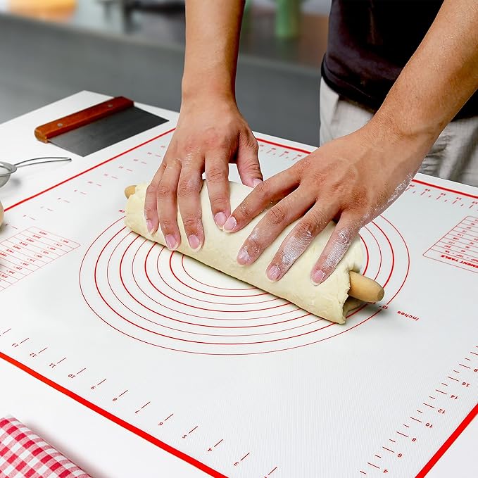 Silicone Pastry Baking Mat with Measurements Extra a Brush and a Dough Scraper- 23.5” x 15.7” Heat Resistant, BPA Free, Non-Stick Non-Slip Pastry Mat for Rolling Dough - Easy to Clean, Red