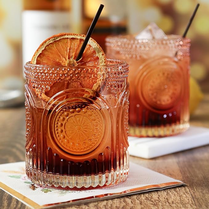 Kate Aspen Ribbed Retro Arch Floral Rose Gold Drinking Glasses Set of 6, (10 oz) Vintage Glassware Set Cocktail Glass Set, Juice Glass, Water Cups | Great Hostess Gift & Gift for New Home Owners