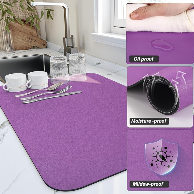 Dish Drying Mat for Kitchen Counter, Heat Resistant Drainer Mats with Non-slip Rubber Backed, Hide Stain Kitchen Super Absorbent Draining Mat, Easy to Clean Dish Rack Pad, Purple 18"x32"