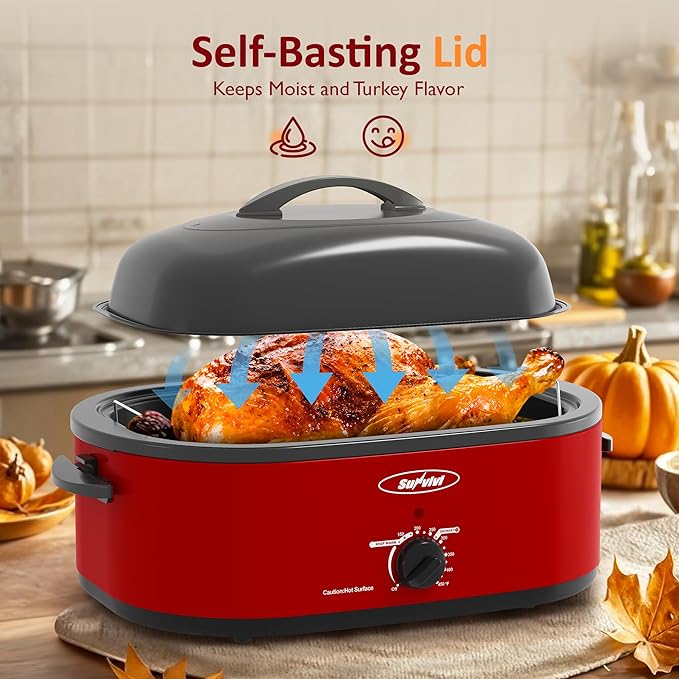 Sunvivi 20-Quart Roaster Oven with Self-Basting Lid, Electric Turkey Roaster Oven with Removable Pan and Rack, Stainless Steel, Red