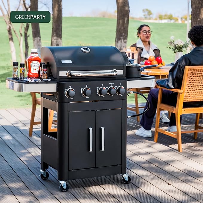 2 in 1 Propane Gas BBQ Grill with Side Burner & Porcelain-Enameled Cast Iron Grate, 4-Burner Flat Top Griddle, 46,700 BTU Outdoor Barbecue Propane Griddle Grill Combo for Camping, Patio, Backyard
