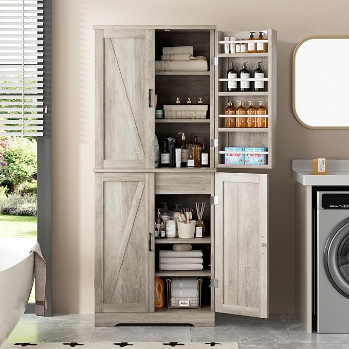 Shintenchi Kitchen Pantry Cabinet, Freestanding Farmhouse Storage Cabinet with 8 Door Shelves, 2 Cabinets and 1 Drawer, Tall Cupboard for Kitchen, Living Room, Dining Room and Bathroom, Ash Gray