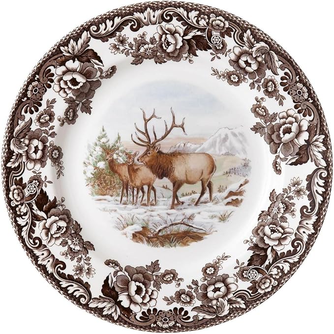 Spode Woodland Elk Salad Plate - American Wildlife Design, British Flowers Border for Rustic Dining, 8 Inch Fine Earthenware - Oven, Microwave, Freezer & Dishwasher Safe, Made in England
