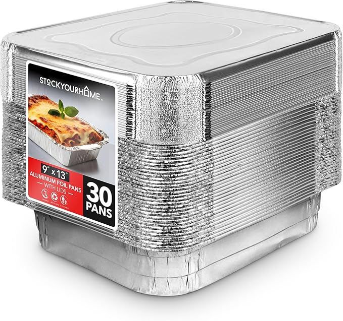 Stock Your Home (Set of 30) 9 x 13 Disposable Aluminum Pans with Lids - (30) Heavy Duty Foil Pans with Lids 9x13 (30) Foil Pan Covers, Food Catering Containers for Baking, Cooking, Heating, Storage