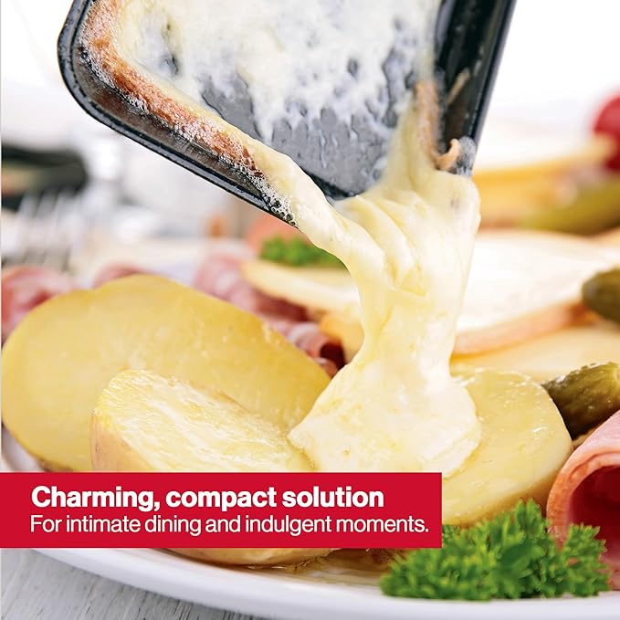 Swissmar Tandem Candle Fondue & Raclette Set - Portable 2-in-1 Tabletop Fondue Pot with Raclette Dish, Forks, Spatula & Tealight Candles