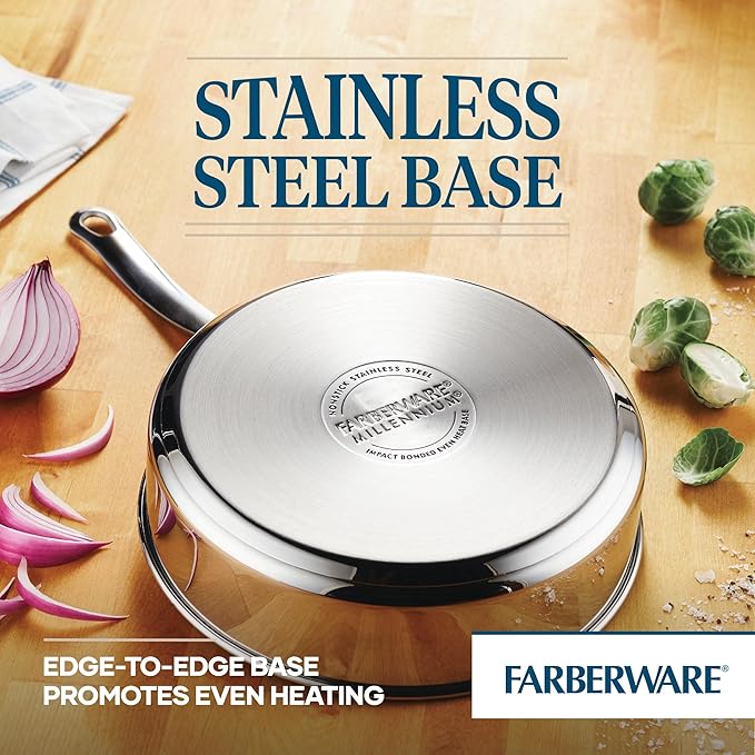 Farberware Millennium Stainless Steel Nonstick Cookware Set, 10-Piece Pot and Pan Set, Stainless Steel