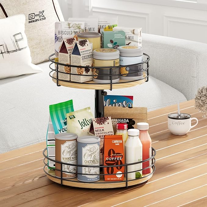 Two Tier Lazy Susan Organizer Turntable Height Adjustable, 12 Inch Wood Lazy Susan 2 Tier, Rotating Spice Rack Organizer for Cabinet Dining Table Top Kitchen Bathroom Countertop Black