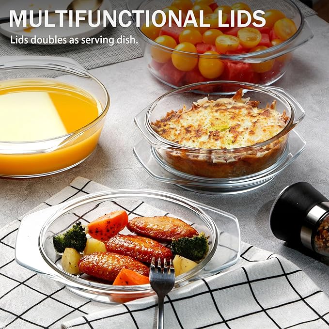 NUTRIUPS Round Glass Casserole Dish Set, Casseroles Cookware with Glass Lid, Casserole Dish With Lid(Set of 3-0.65L+1L+1.4L)
