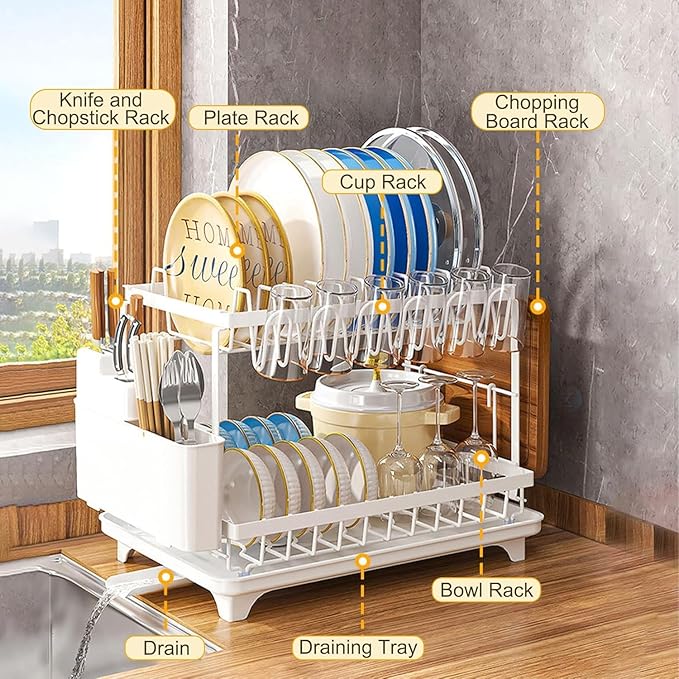 Kitchen Dish Drying Rack, Large 2-Tier Dish Drying Rack with Draining Board, Kitchen Countertop Organizer, Multi-Use Utensil Organizer and Cup Holder, White