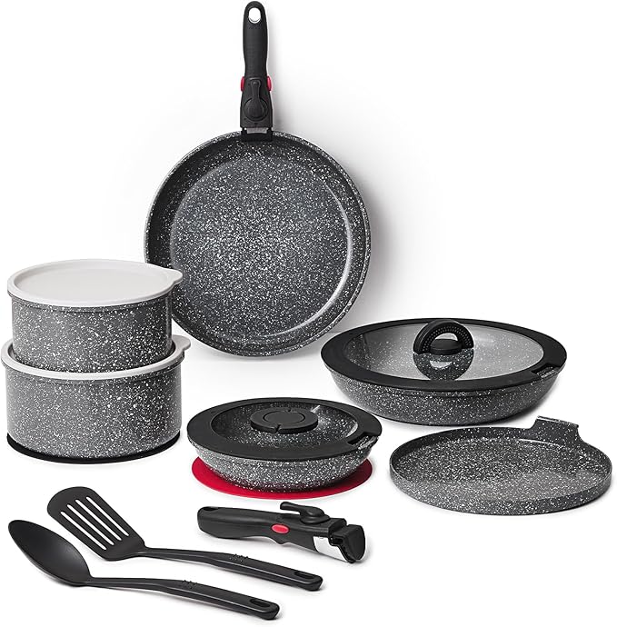 16pcs Aluminium Nonstick Pots and Pans Set from France with detachable Handle, Stackable, Ceramic RV Kitchen Cookware Sets Removable Handle, PFOA and PTFE Free, Oven Safe, Induction