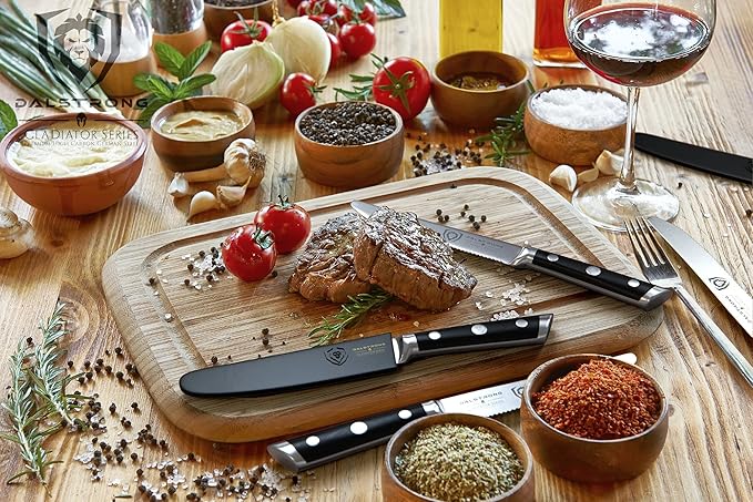 Dalstrong Steak Knives-4pc- Serrated Blade-Gladiator Series Elite-Forged German High-Carbon Steel-Table Dinner Kitchen Knives-Sheaths-Razor Sharp - Dinner Set-NSF Certified