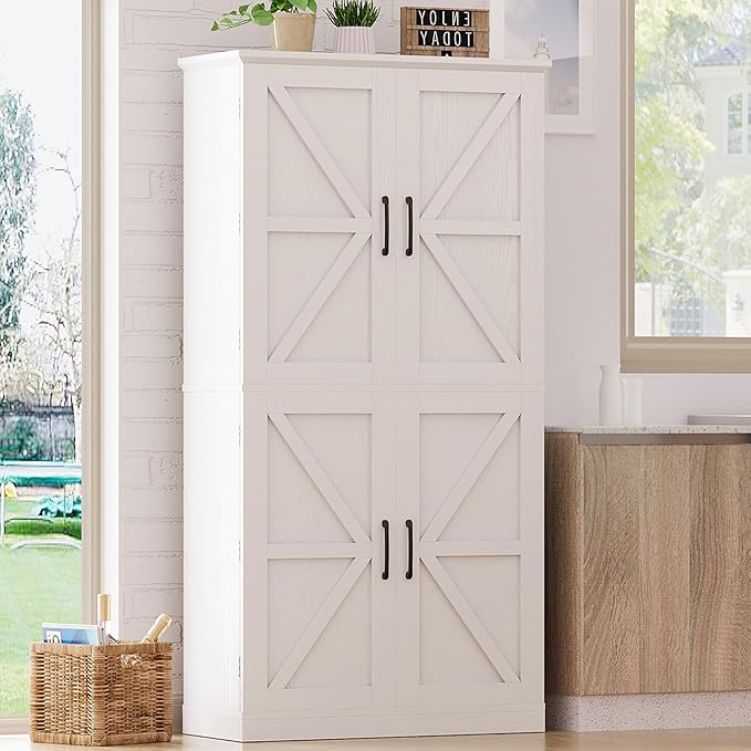 IRONCK Kitchen Pantry Storage Cabinet 72.8" H, 4 Barn Doors with Storage Rack, 4 Adjustable Shelves, Freestanding Cupboard for Dining Room Living Room, Laundry, White