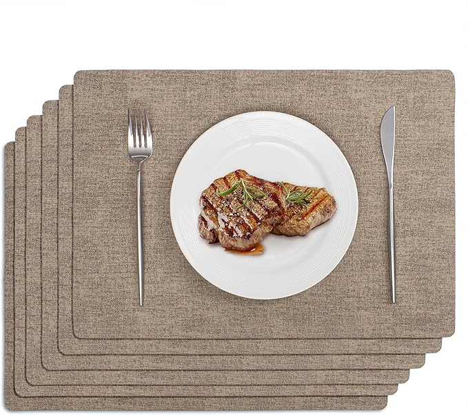 Softalker Vinyl Placemats Set of 6 - Faux Leather Heat Resistant Place Mats, 100% Waterproof Oilproof Wipe Clean Table Mats for Indoor & Outdoor Use, 17’’×12’’, Khaki