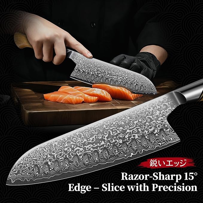 TIVOLI Damascus Santoku Knife 7 inch – Japanese VG-10 Professional Kitchen Knife for Meat and Vegetables with Ergonomic Olive Wood Handle, Gift Box Included, Ideal Gift