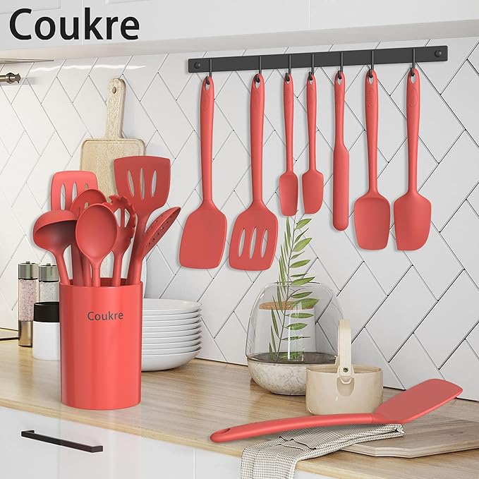 Coukre Silicone Kitchen Cooking Utensils Set with Holder – Heat-Resistant, Food-Grade Kitchen Tools, Spatula, Spoon & Gadgets for Non-Stick Pans, Dishwasher Safe (14, PureRed)
