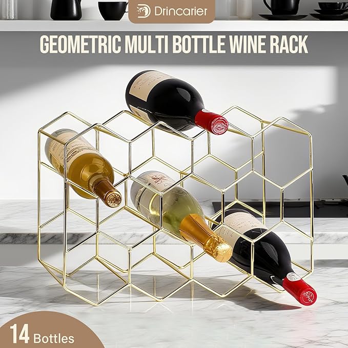 Countertop Wine Rack-14 Bottles Gold Wine Rack-No Assembly Required-3 Tier Tabletop Wine Bottle Holder for Cabinet