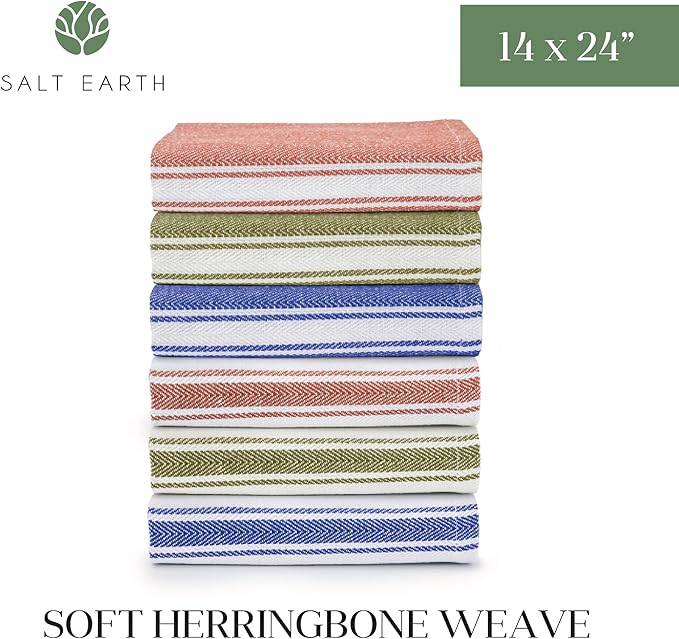 Salt Earth Kitchen Towels Cotton Dish Towel Size 24x14 Inches Set of 6 100% Ring Spun Cotton Absorbent Quick Dry Herringbone Weave Lint Free Washable Dishcloth Hanging Loop Multiple Color Stripe