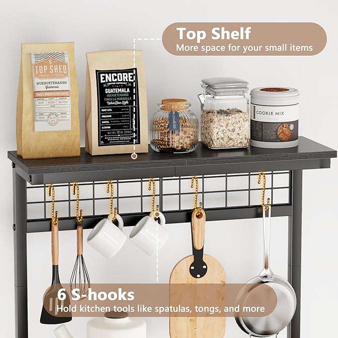 Furologee Kitchen Bakers Rack with Power Outlet, Microwave Oven Stand with Storage 4 Tiers, Coffee Bar Table with 6 S Hooks, Kitchen Storage Shelf Rack for Spices, Pots,Black