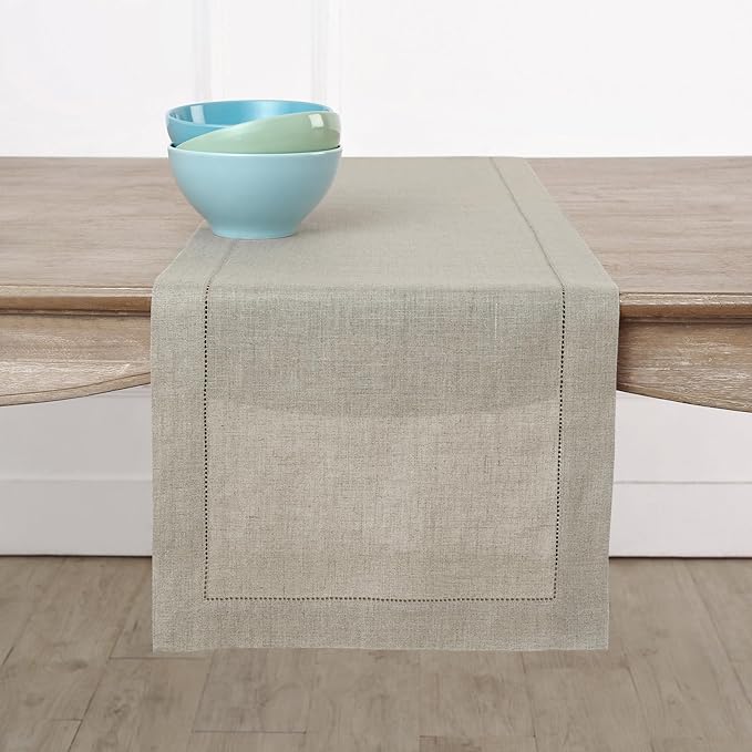 Solino Home Linen Natural Table Runner 48 Inches - Classic Hemstitch, 100% Pure Linen Coffee Table Runner 14 x 48 Inch Ideal for Dresser Tables - Summer, Fall, Autumn, Halloween