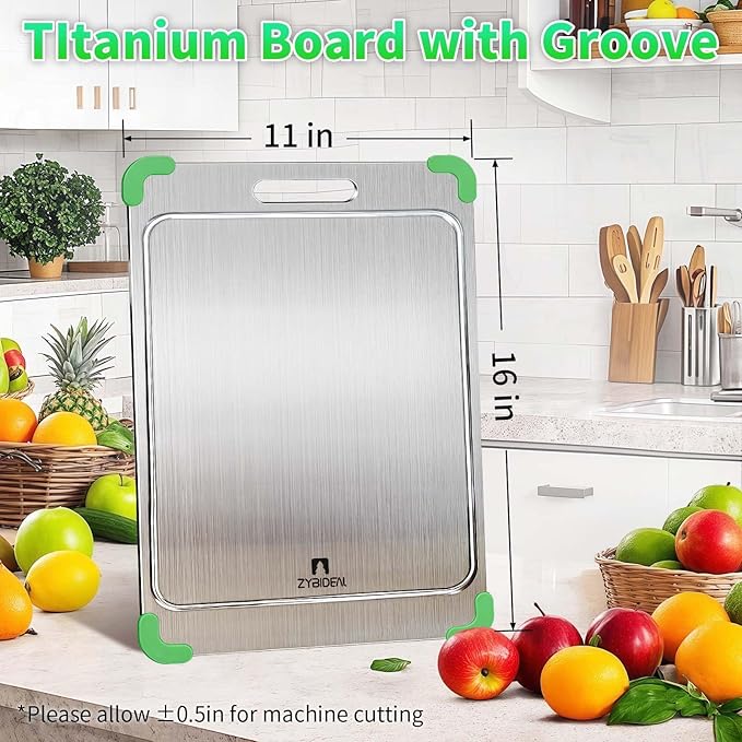 100% Pure Titanium Cutting Board with Grooves, Update Double Side Titanium Chopping Board, Silicone Anti-slip Stainless Cutting Boards for Kitchen 11 * 15 IN, Green