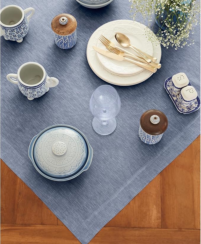 Solino Home Linen Cloth Tablecloth 52 x 52 Inch - 100% Pure Linen Chambray Indigo Square Tablecloth - Athena, Machine Washable Table Throw for Summer