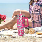sweet grain 40 oz Tumbler with Handle and Straw - Cheetah Print Stainless Steel Insulated Tumblers, Cupholder Friendly, Perfect Leopard Tumbler Gifts for Women Men - Rose Red