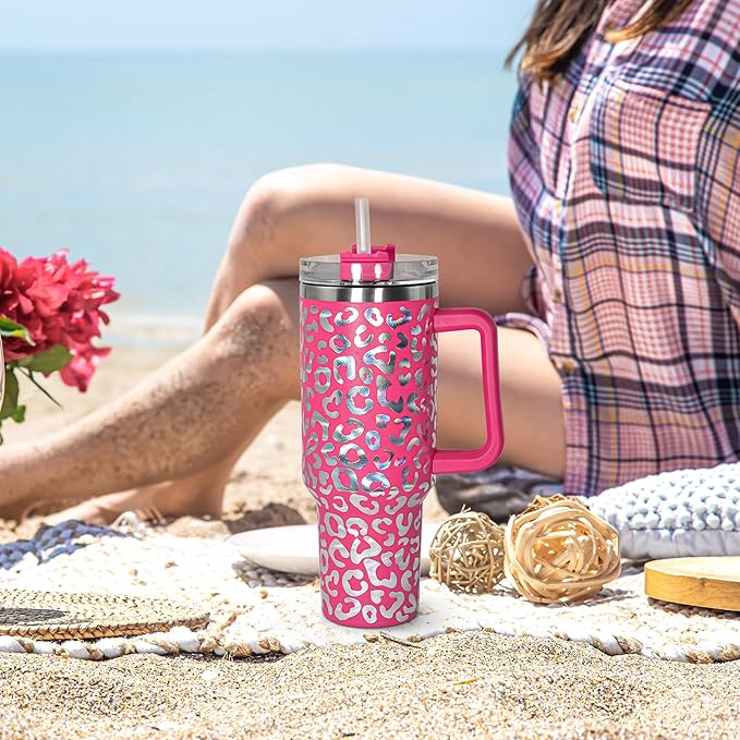 sweet grain 40 oz Tumbler with Handle and Straw - Cheetah Print Stainless Steel Insulated Tumblers, Cupholder Friendly, Perfect Leopard Tumbler Gifts for Women Men - Rose Red
